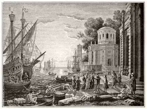 Fotografie The disembarkation of Cleopatra at Tarsus ancient etching rich of classic elements as buildings, vessels, sea and sunset all arranged in a wonderful composition