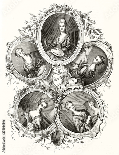 Fototapeta Five self-portraits of female painters, each one in a oval frame