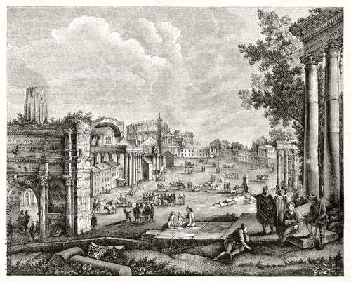 Fotografie Panoramic view of the ruins of imperial roman forum in the middle ages, depicted in grayscale etching style