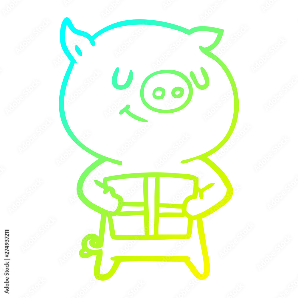 cold gradient line drawing happy cartoon pig with christmas present cold gradient line drawing happy cartoon pig with christmas present