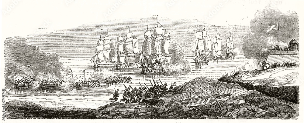 Troops landing by boats from the warships to invade a land. Old illustration depicting naval tactic (troops landing). By unidentified author publ. on Magasin Pittoresque Paris 1848