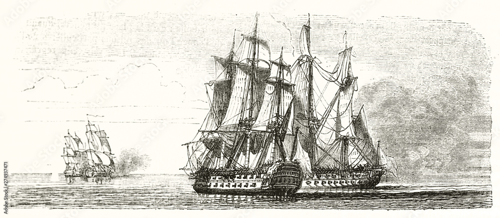 Εκτύπωση καμβά Couple of warships fighting close together and another two far near the horizon