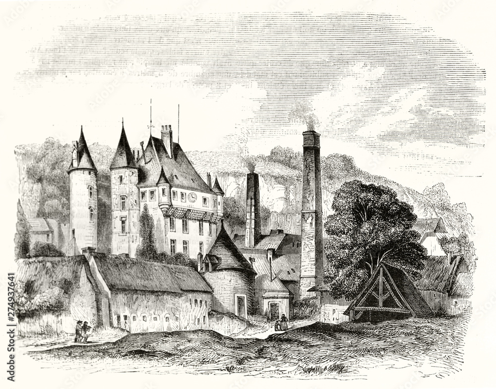 Ancient little gothic castle with his pointed towers in a little medieval village surrounded by the nature. Old view of Poce-sur-Cisse France. By Brisot publ. on Magasin Pittoresque Paris 1848 Ancient little gothic castle with his pointed towers in a little medieval village surrounded by the nature. Old view of Poce-sur-Cisse France. By Brisot publ. on Magasin Pittoresque Paris 1848