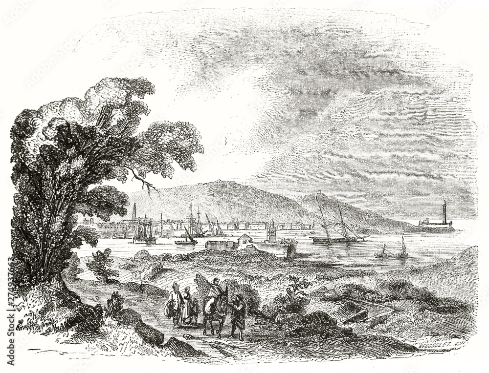 Ancient port far on the distance viewed from the nature in foreground. Old  etching style illustration of Pont-Vendres Cote vermeille France. By  Morel-Fatio publ. on Magasin Pittoresque Paris 1848 Stock Illustration