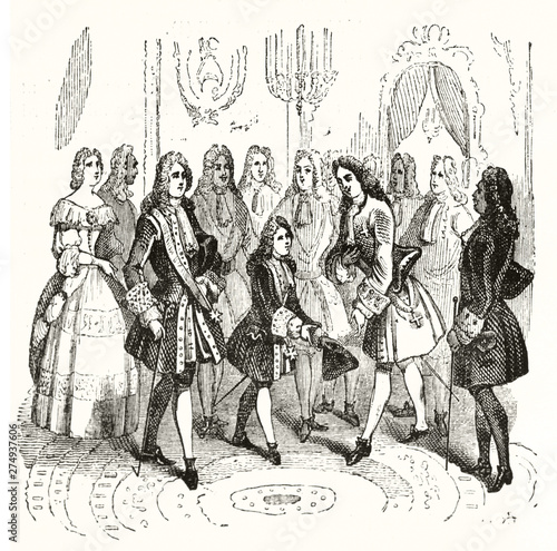 Group of XVII century noble men in a elegant hall. Louis XV of France welcomes Peter the Great of Russia aged seven years. After 1718 print publ. on Magasin Pittoresque Paris 1848