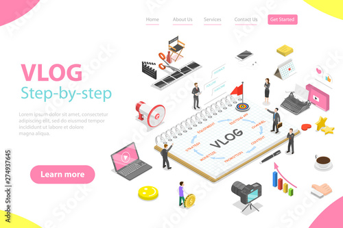 Flat isometric vector landing page template of video blog ste-by-step, vlog, creating online channel, content creating.