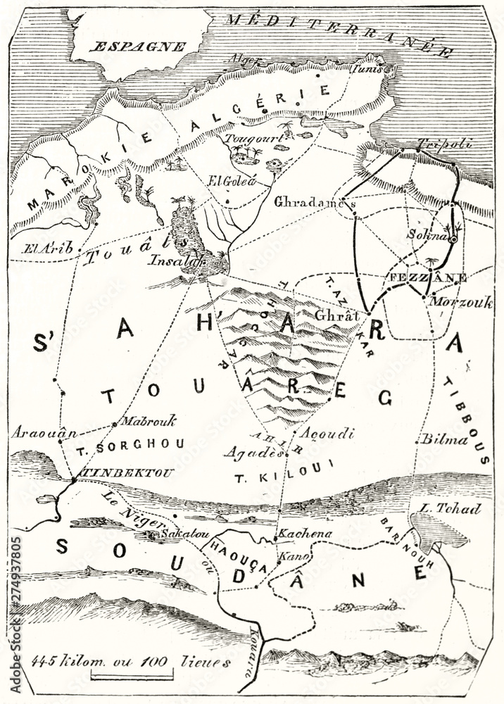 Old map vertical oriented of central Sahara (with J.M..Richardson itinerary). Vintage style grayscale illustration by MacCarthy publ. on Magasin Pittoresque Paris 1848 Old map vertical oriented of central Sahara (with J.M..Richardson itinerary). Vintage style grayscale illustration by MacCarthy publ. on Magasin Pittoresque Paris 1848