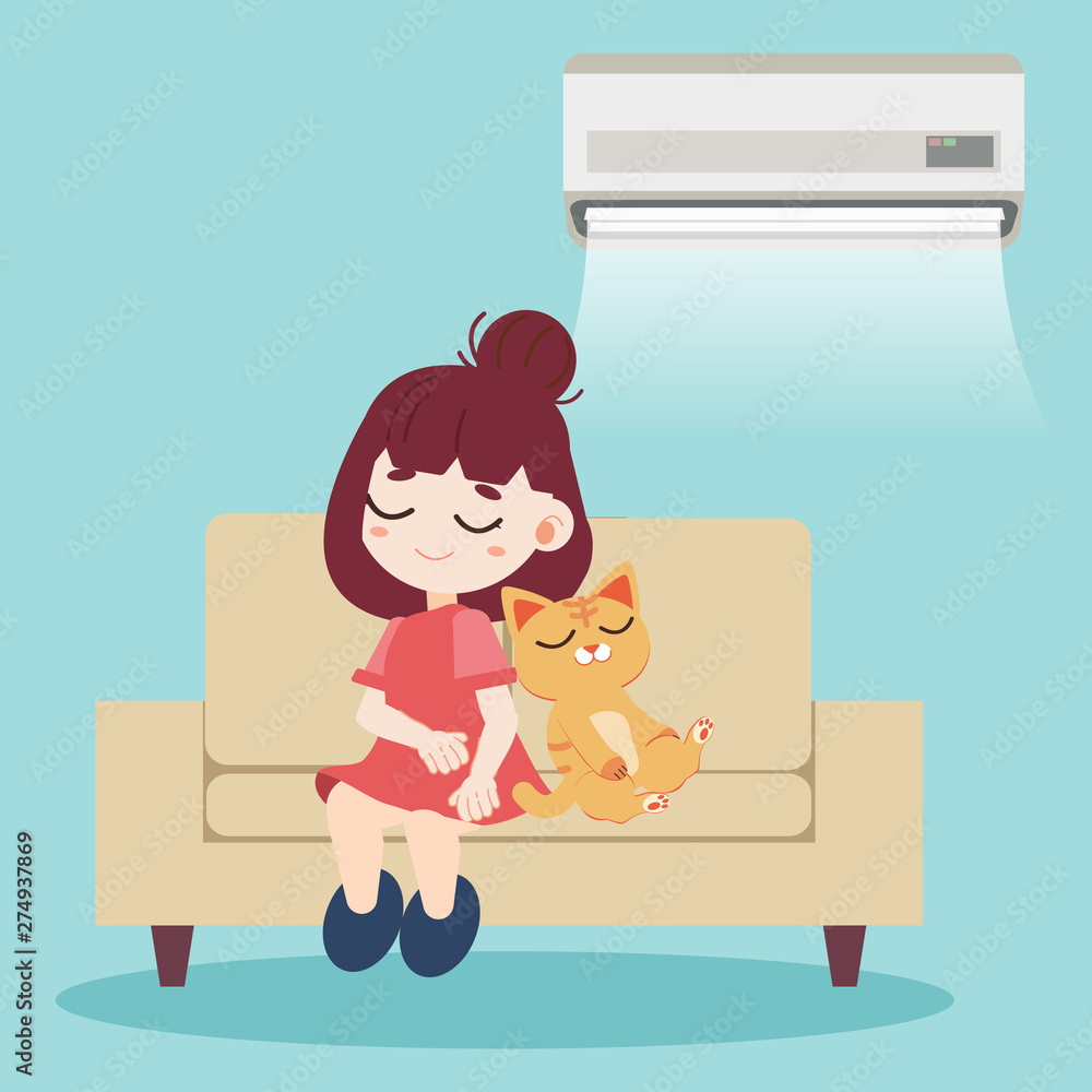 A girl and cute cat sitting together on the modern sofa and have air conditioner on the wall. They napping look so relax. Home pet on chair in flat vector style A girl and cute cat sitting together on the modern sofa and have air conditioner on the wall. They napping look so relax. Home pet on chair in flat vector style
