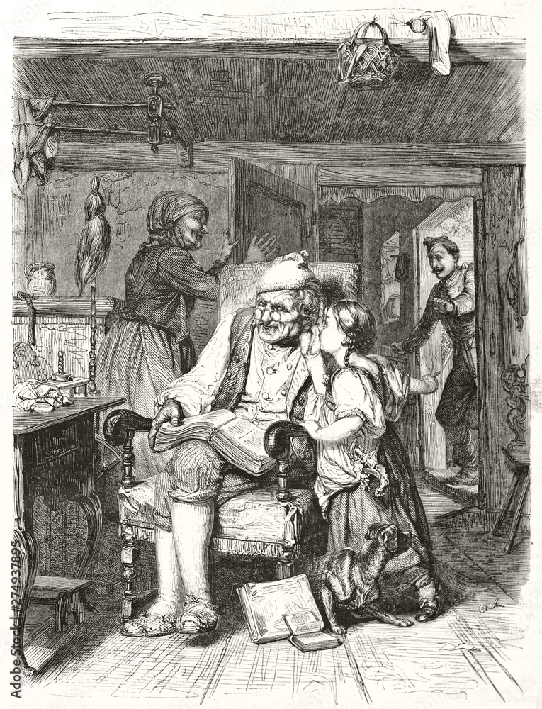 Ancient soldier come back to his family wooden house. His daughter and his parents are indoor with an alerted little dog. By K. and E. Girardet publ. on Magasin Pittoresque Paris 1848 Soldier return