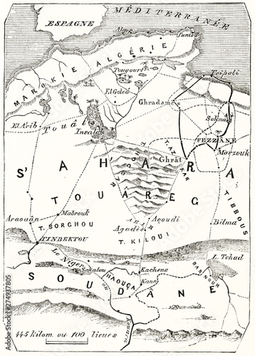 Old map vertical oriented of central Sahara  with J.M..Richardson itinerary . Vintage style grayscale illustration by MacCarthy publ. on Magasin Pittoresque Paris 1848