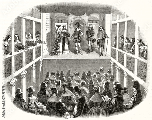 Overall view of an ancient showroom in Paris, Louis XIII age, full of rich aristocratyc people looking to the models on the stage . After Chauveau publ. on Magasin Pittoresque Paris 1848 Showroom photo