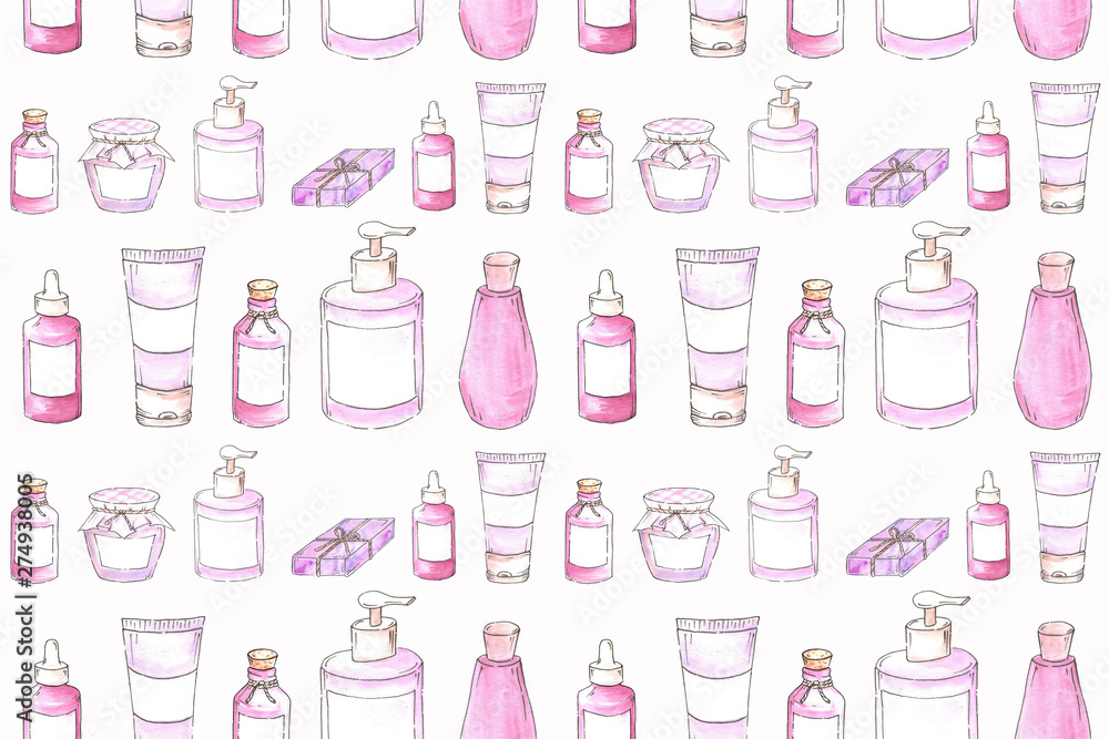 Watercolor spa collection. Seamless pattern of bottle, jar, soap and salt. Fashion and beauty illustration. Watercolor spa collection. Seamless pattern of bottle, jar, soap and salt. Fashion and beauty illustration.
