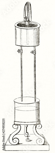 Old vertical single isolated illustration of a gushing water machine created by Athanasius Kircher. Image by unidentified author publ. on Magasin Pittoresque Paris 1848 Water lifting photo