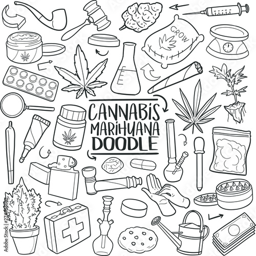 Cannabis Marihuana Traditional Doodle Icons Sketch Hand Made Design Vector