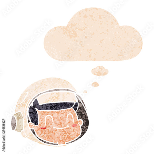 cartoon astronaut face and thought bubble in retro textured style