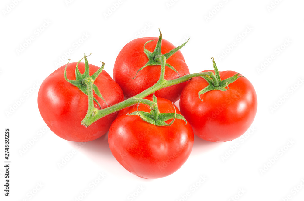 Fresh tomatoes with green leaves isolated on white background. Fresh tomatoes with green leaves isolated on white background.