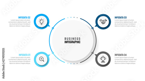 Business infographic template with 4 step, option, circle and marketing icons. Can be used for workflow diagram, annual report, presentation or web design. Vector eps10 illustration.