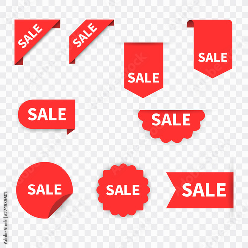 Sale Label collection set. Sale tags. Discount red ribbons, banners and icons. Shopping Tags. Sale icons. Red isolated on white background, vector illustration.
