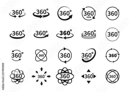 360 degree views of vector circle icons set isolated from the background. Signs with arrows to indicate the rotation or panoramas to 360 degrees. Vector illustration.