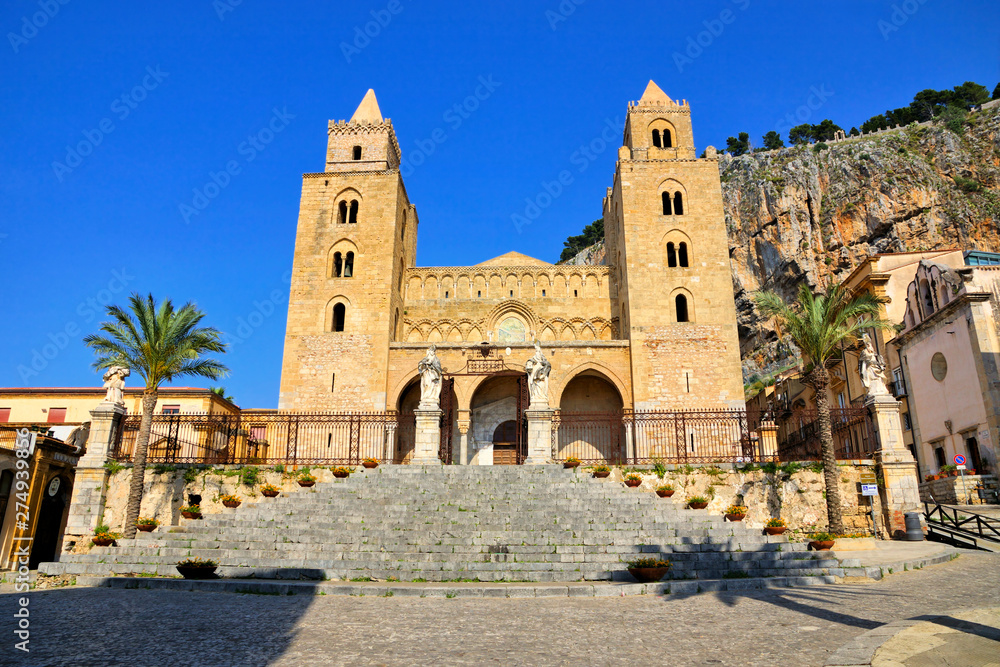 View of the Norman Cathedral of Cefalu, Sicily, Italy during summer