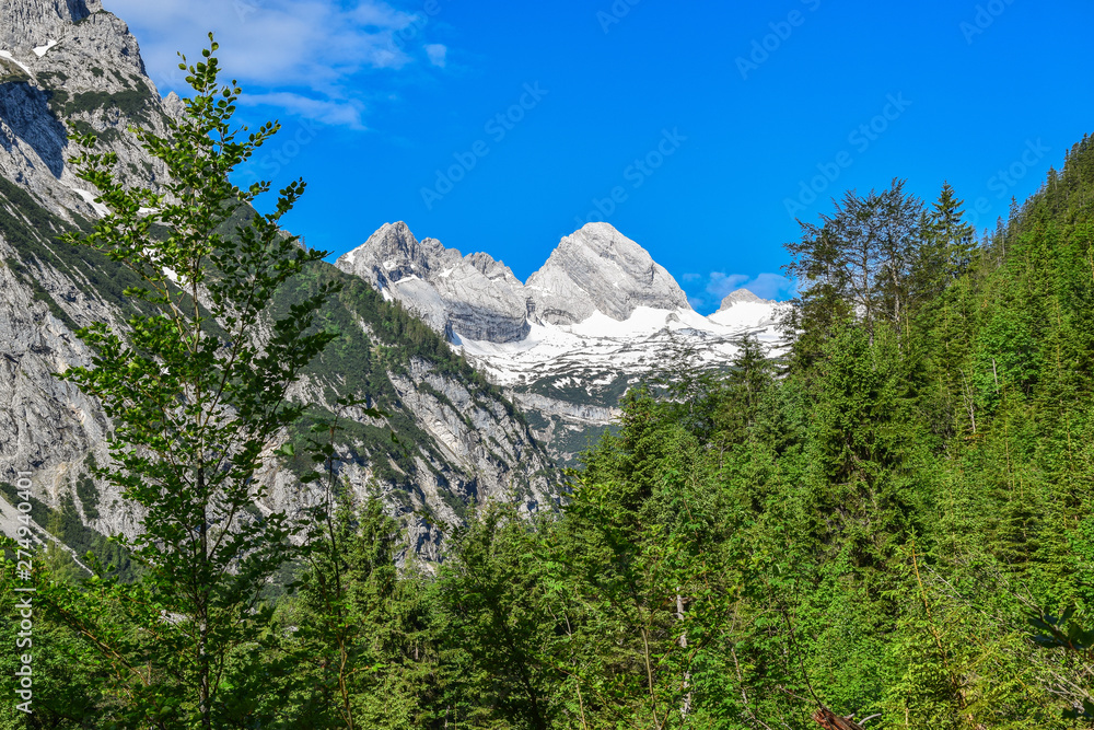 Hiking in the alpine mountains, walk to the Zugspitze, Bavaria, Germany