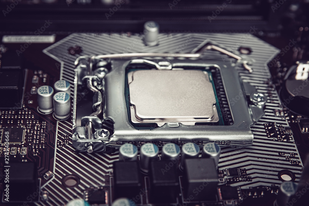 Fototapeta premium Electronic engineer of computer technology. Maintenance computer cpu hardware upgrade of motherboard component. Pc repair, technician and industry support concept.