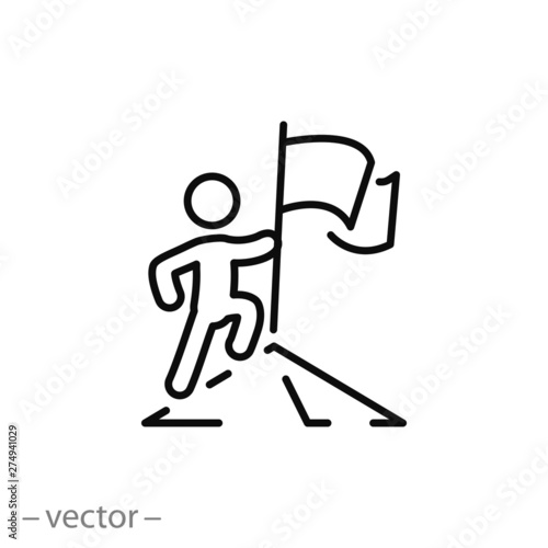 leader competition icon, leadership success, man with flag achieved victory, line symbol on white background - editable stroke vector illustration eps10 photo