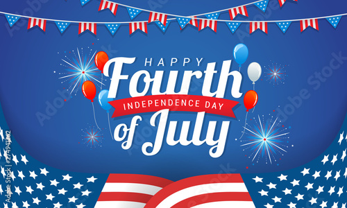 Happy 4th of July, USA Independence Day greeting card vector design. American bunting garland and flag on blue background 