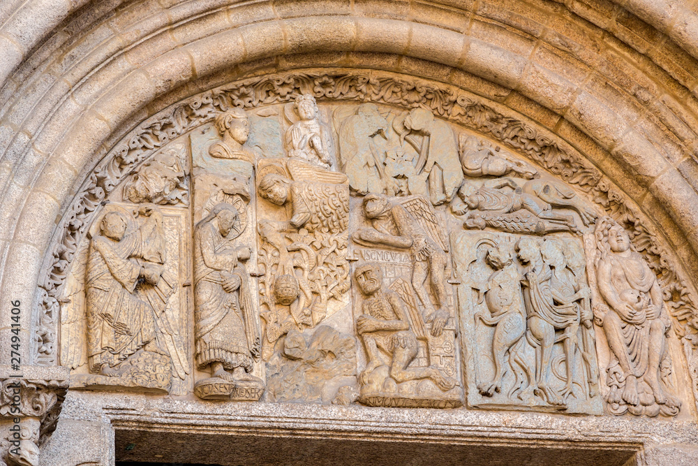 Santiago de Compostela, Spain. Bas-reliefs on the facade of the Silver Works (Platerias Square) of the Cathedral