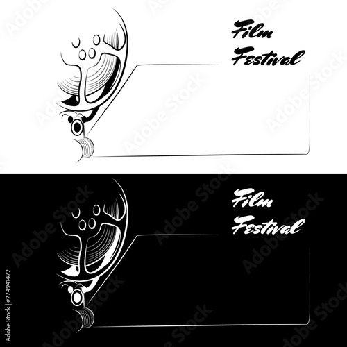Black and white image of a movie camera with a projection of the screen for captions at film festivals. Background for banners, flyers, handouts and promotional material.