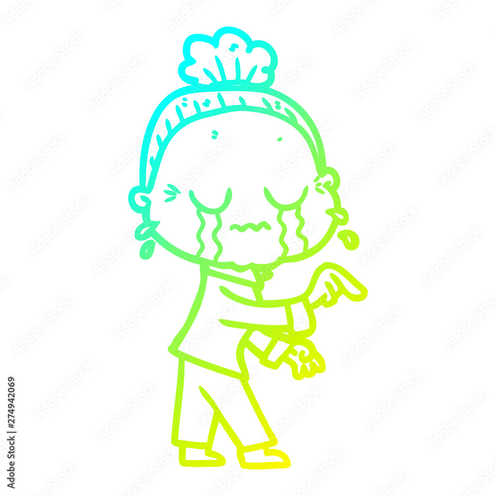 cold gradient line drawing cartoon crying old lady