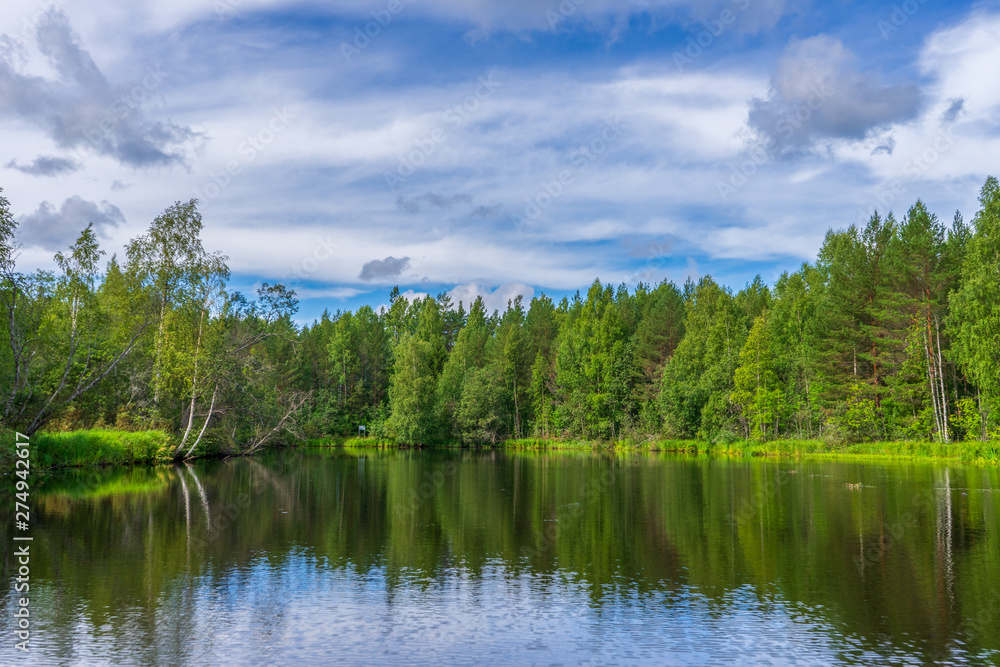 Picturesque summer landscape with northern river and forest in summer cloudy day. Travelling and discovering distant places of Earth. View from floating boat. Chernaya river, Karelia, Russia