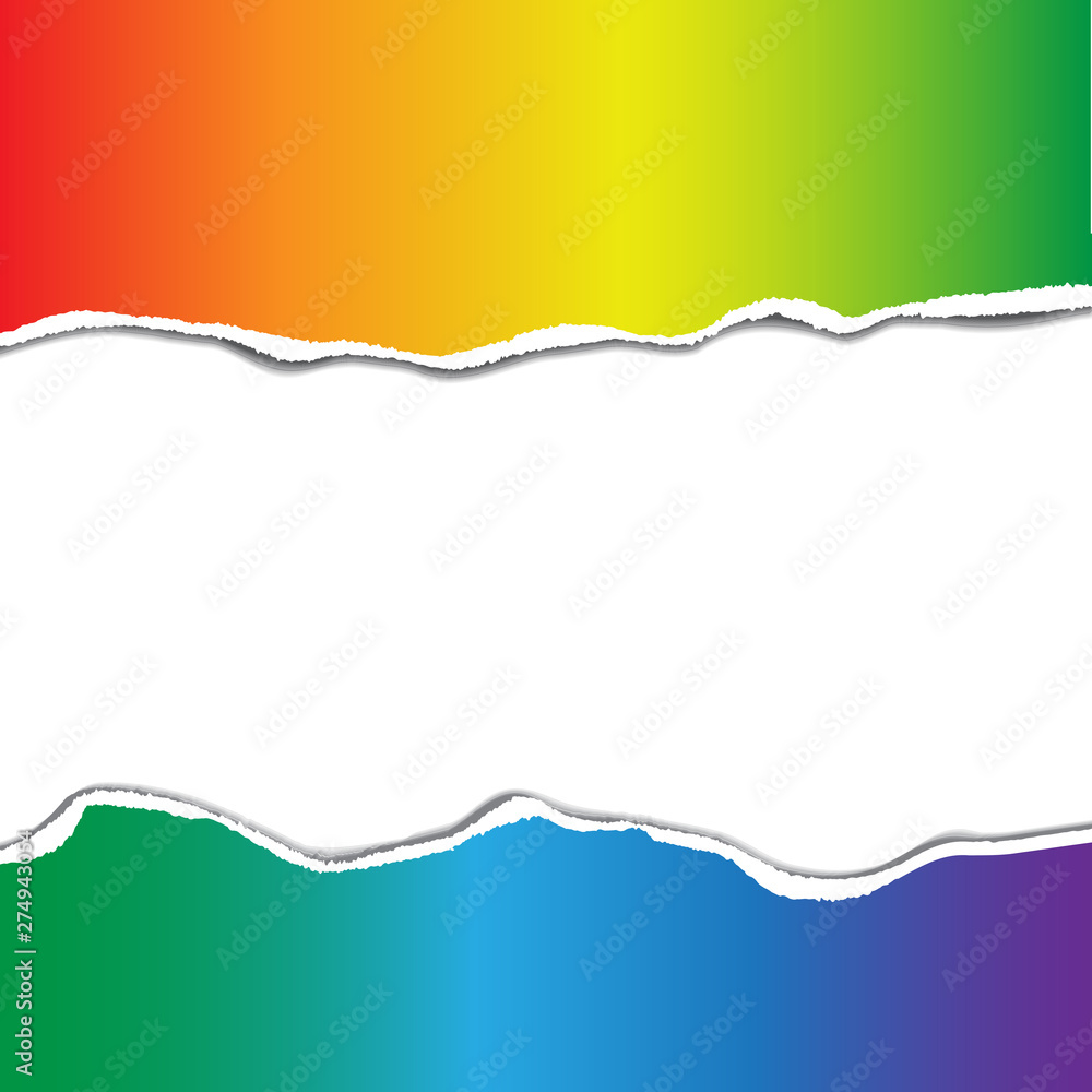 Bright  card template with space for text. Ripped pieces of paper in rainbow colors.