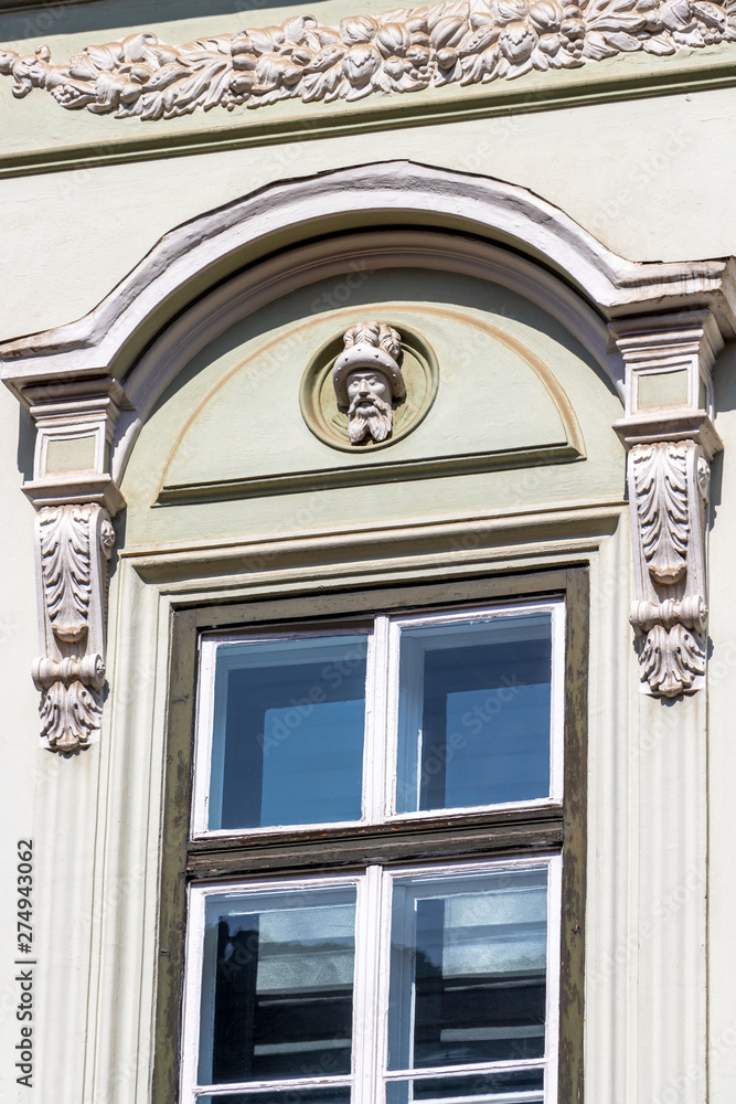 Beautiful detail of the building of the National Bank of Romania in Sibiu, Transylvania, Romania