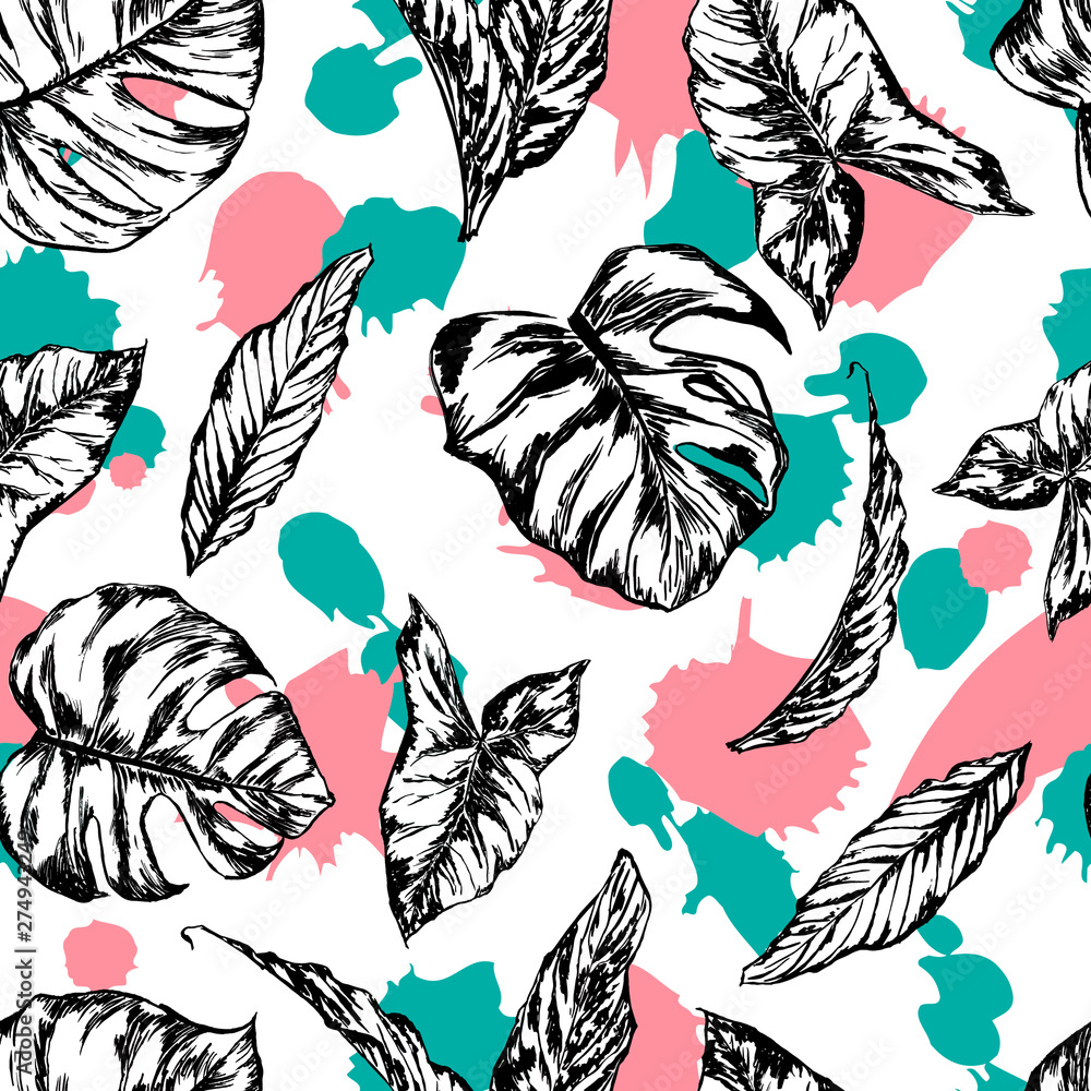 Obraz premium Основные RGBVector seamless pattern. Texture, background, abstract. Tropical leaves, monstera