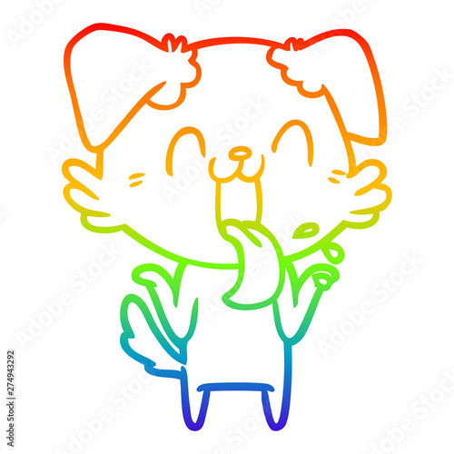 rainbow gradient line drawing cartoon panting dog shrugging shoulders