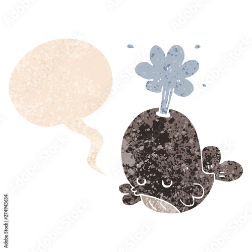 cartoon spouting whale and speech bubble in retro textured style