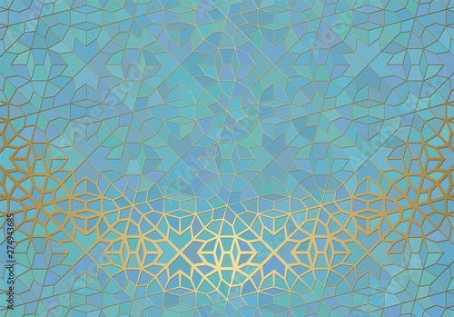 Abstract background with islamic ornament, arabic geometric texture. Golden lined tiled motif.