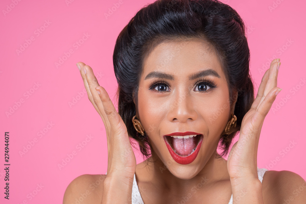 Emotion of beautiful woman have a big surprise Emotion of beautiful woman have a big surprise