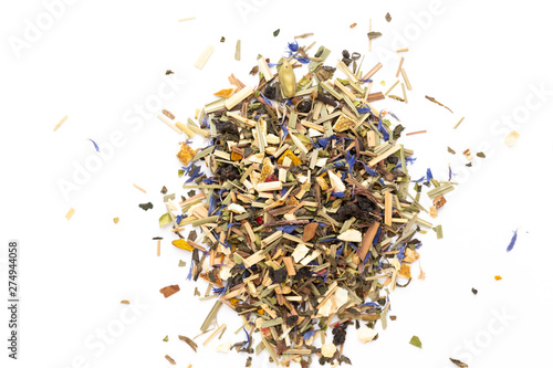 Herbal tea on a white background. Top view.