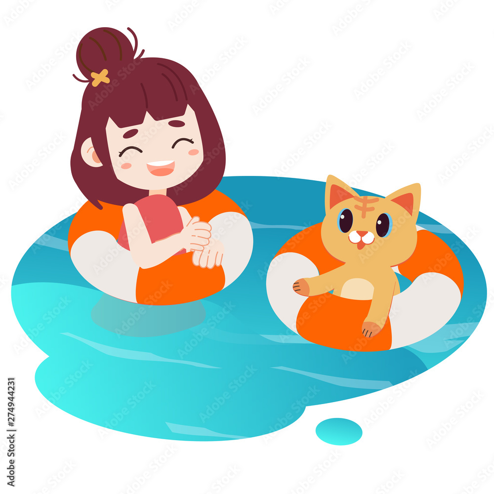 Fototapeta premium a Happy girl and cute cat . They are swimming in the water. they use life ring to swimming. Swimming in the pool. character cartoon of a cat and a girl in flat vector style