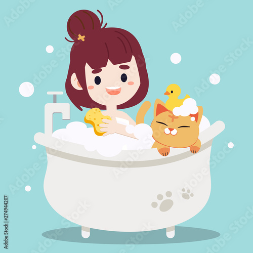 Women taking a Bath with a cat. Bathtub with foam bubbles inside and yellow rubber duck on the cute cat. Women taking a Bath with sponge. Bath time in flat vector style.