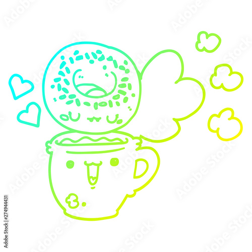 cold gradient line drawing cute cartoon donut and coffee