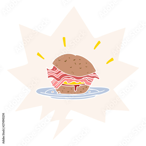 cartoon amazingly tasty bacon breakfast sandwich and cheese and speech bubble in retro style