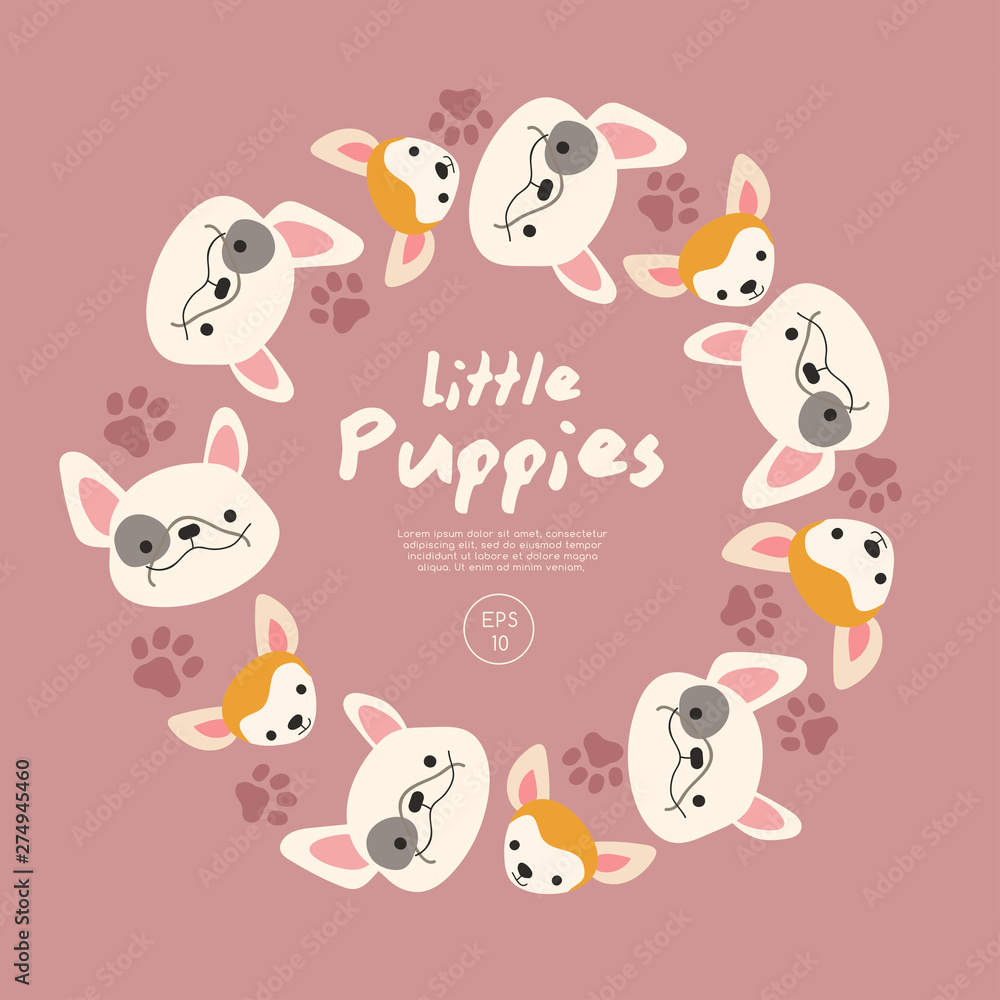 Set of Puppy faces isolated on pastel background : Vector Illustration