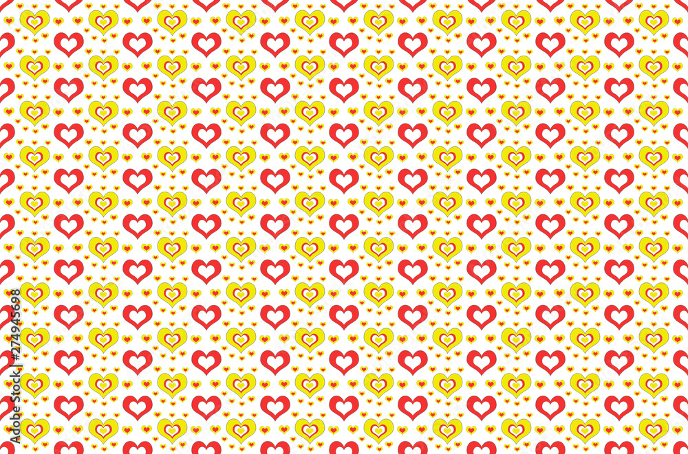 Obraz premium Beautiful seamless pattern of hearts in yellow and red color on white background. It's small hearts pattern.