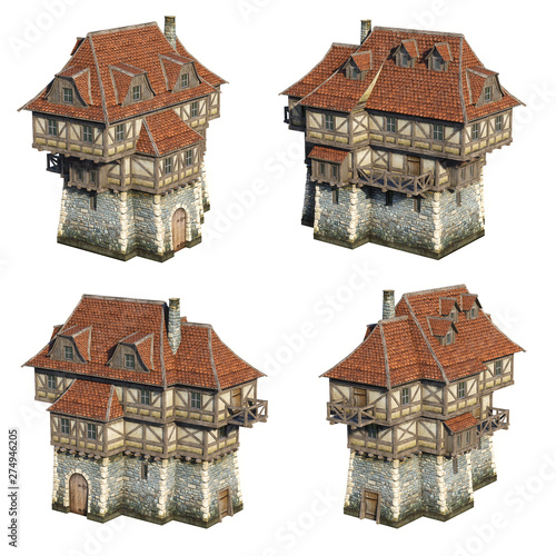 Medieval house set. 3D illustration photo