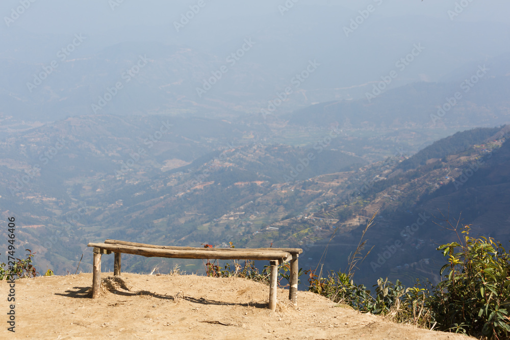 Bench on the hill view of the mountains of Nepal. Kathmandu. Nagarkot. Landmark. Bench on the hill view of the mountains of Nepal. Kathmandu. Nagarkot. Landmark.