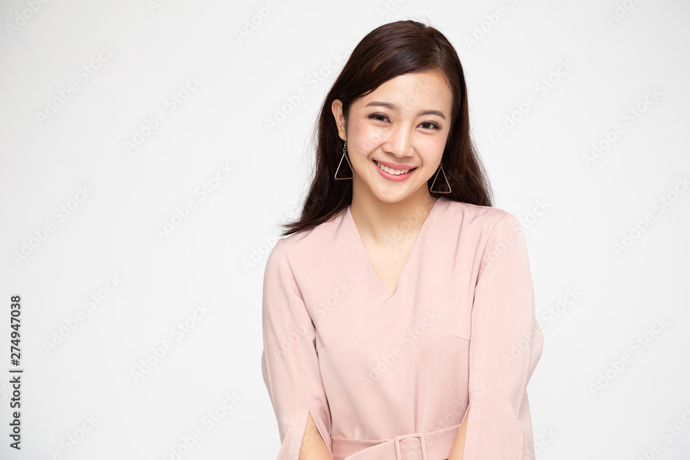Portrait of young business woman smiling and looking at camera isolated over white background, Happy feeling concept Portrait of young business woman smiling and looking at camera isolated over white background, Happy feeling concept