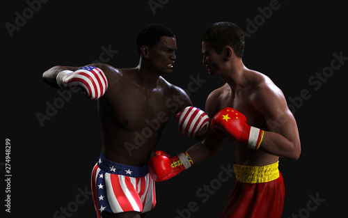 Concept of trade war between USA and China. 3d illustration two boxer fighting US and China flag trading punches for the concept: Trade War.